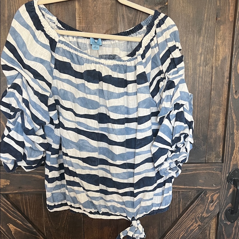 CeCe Blue and White Striped Off-Shoulder Tie-Hem Top